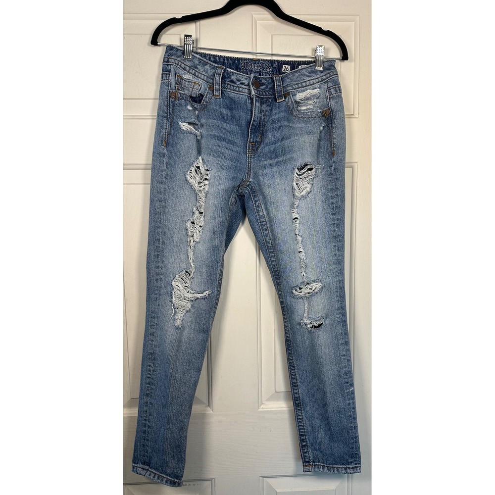 Miss Me Boyfriend Ankle Jeans Womens 26x28 Blue Medium Wash Distressed Denim‎